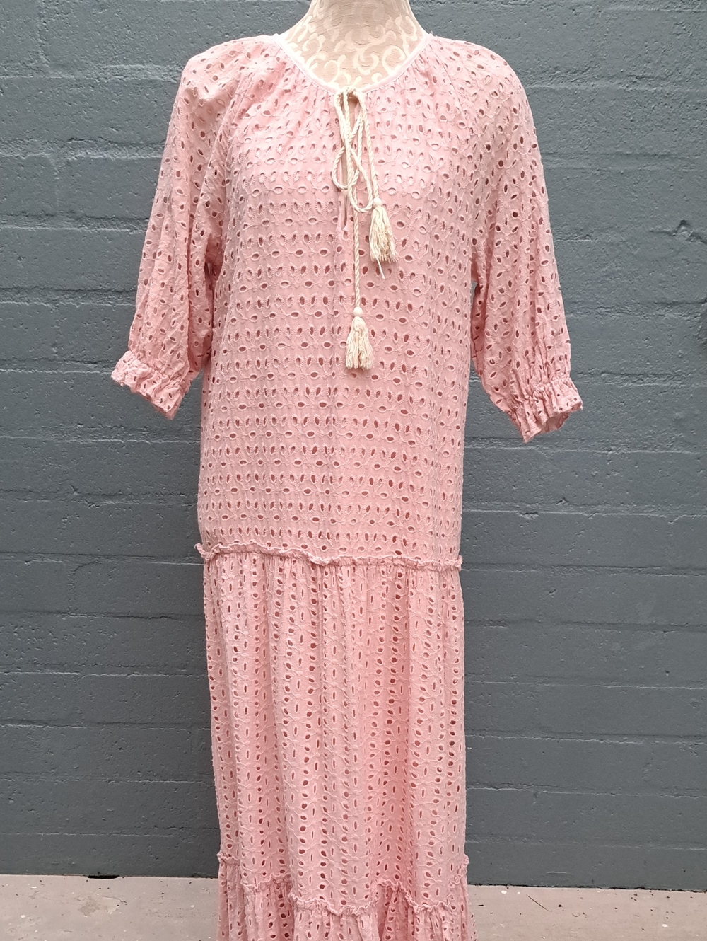 SHEIN Pink Eyelet Maxi Dress with Tassel Tie